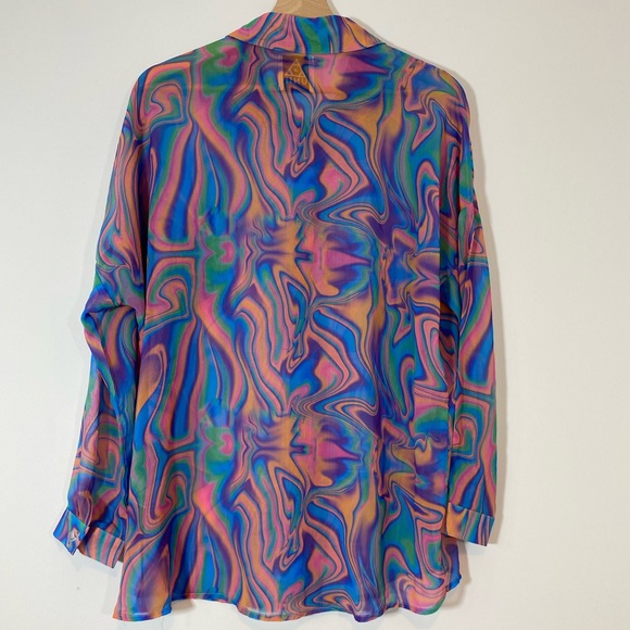 UNIF blouse psychedelic 60s 70s purple sheer button front UK XL - Picture 2 of 7